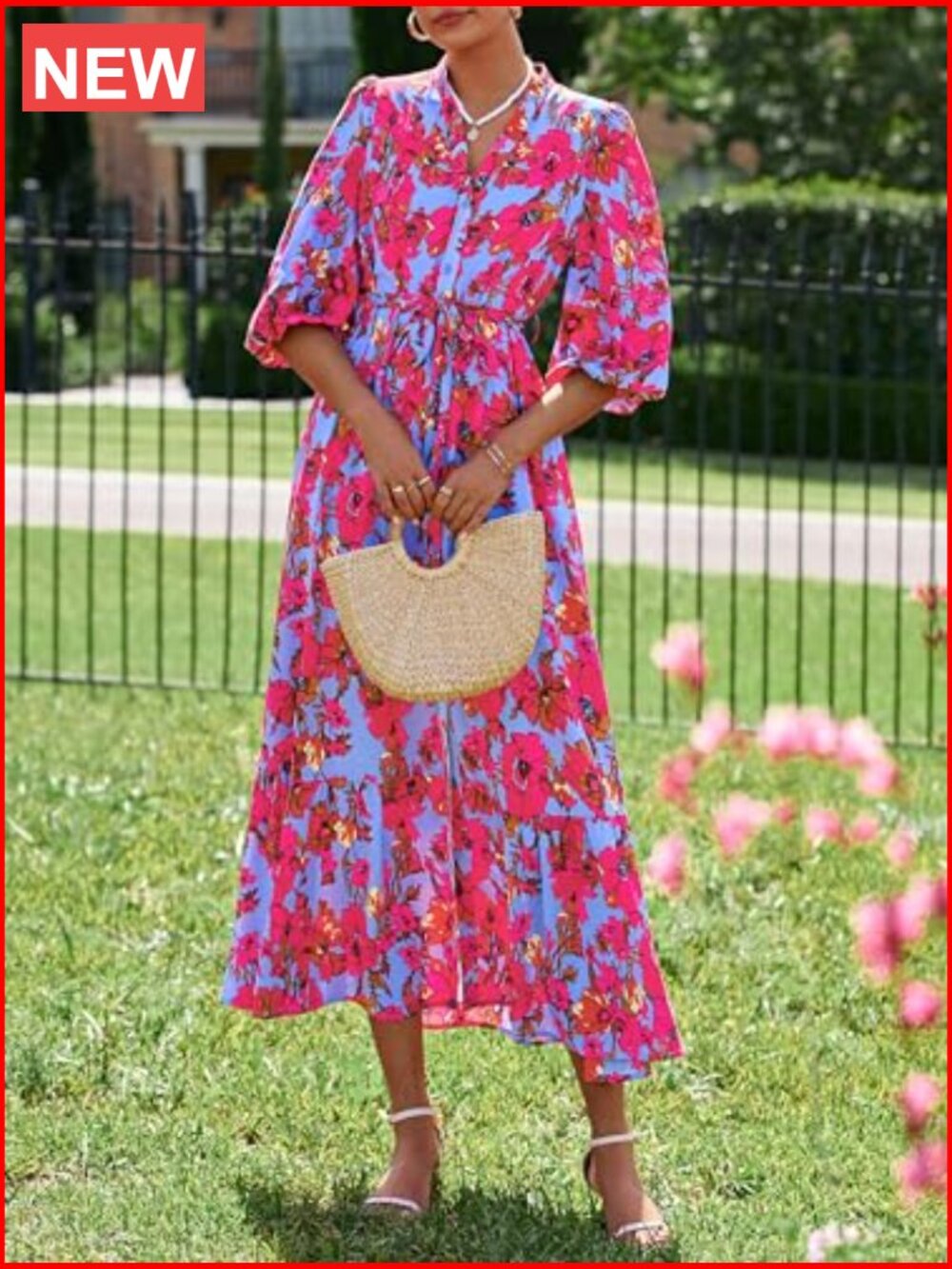 Floral Maxi Dress with V-Neck, Puff Sleeves, Tie Waist, Hidden Pockets - Picture 6 of 7